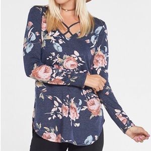 A. Gain | Floral Cross Front Navy Long Sleeve Top, Medium